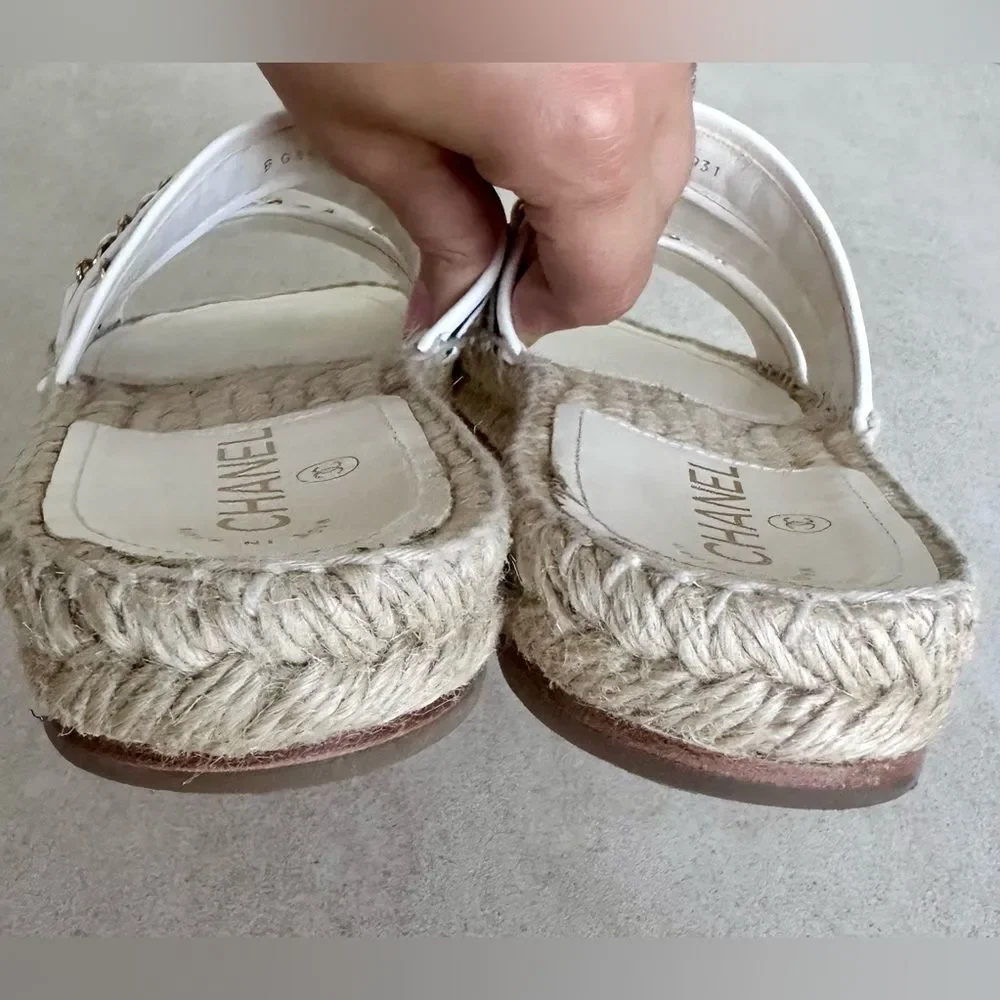 CHANEL Chain Lambskin Espadrille Slip On Sandals  EU 37 US 6-6.5 Black & White
